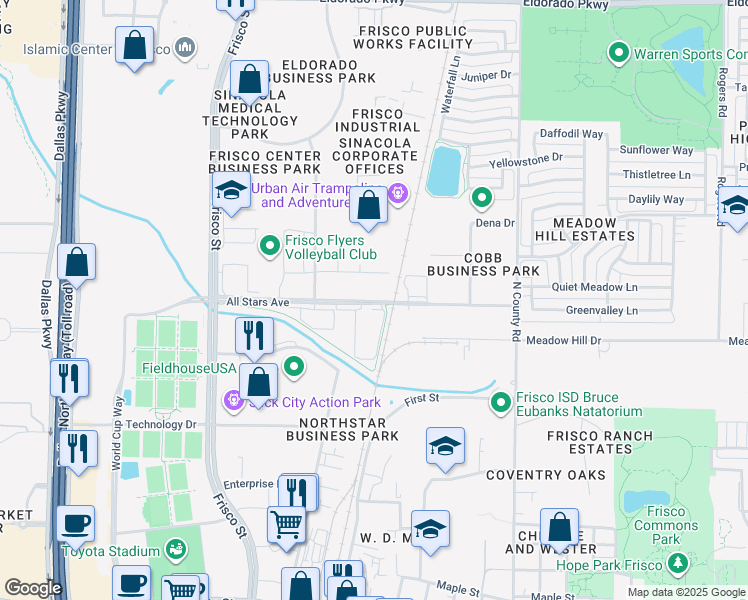 map of restaurants, bars, coffee shops, grocery stores, and more near 7393 All Stars Avenue in Frisco