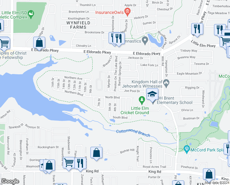 map of restaurants, bars, coffee shops, grocery stores, and more near 25 North Boulevard in Little Elm
