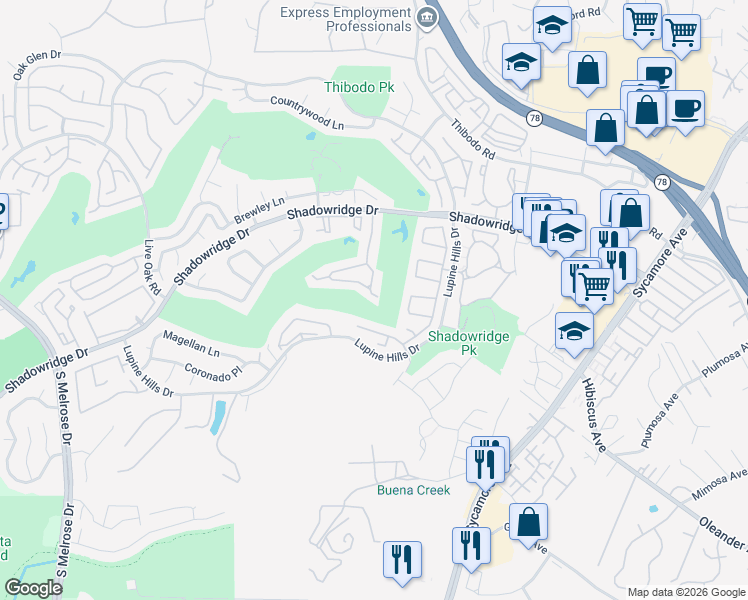 map of restaurants, bars, coffee shops, grocery stores, and more near 1894 Spyglass Circle in Vista