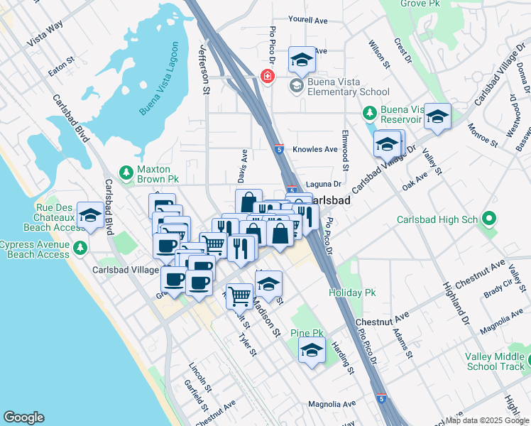 map of restaurants, bars, coffee shops, grocery stores, and more near 958 Grand Avenue in Carlsbad