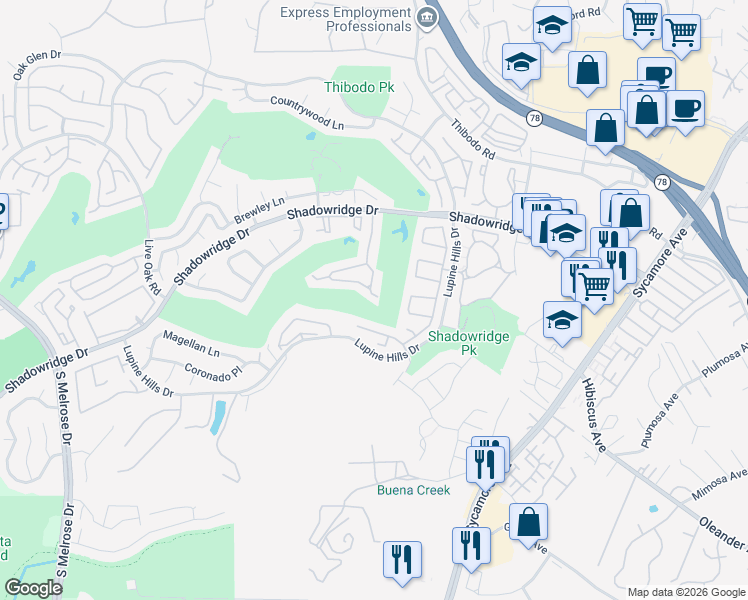 map of restaurants, bars, coffee shops, grocery stores, and more near 1894 Spyglass Circle in Vista