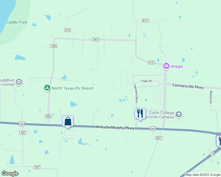 map of restaurants, bars, coffee shops, grocery stores, and more near Hannah Drive in Farmersville
