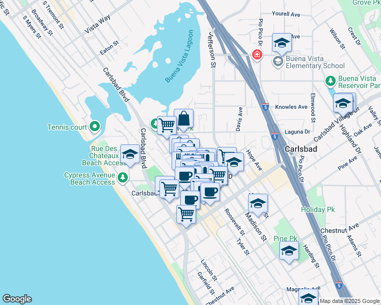 map of restaurants, bars, coffee shops, grocery stores, and more near 2650 Roosevelt Street in Carlsbad