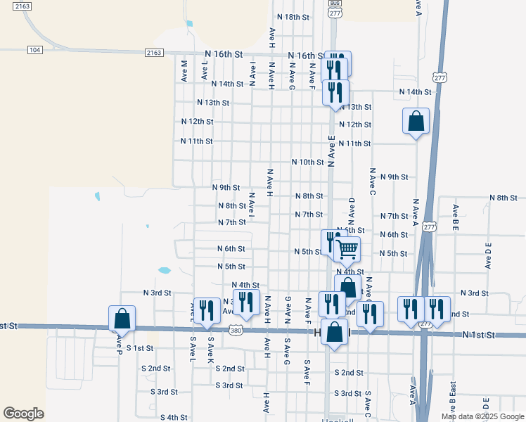 map of restaurants, bars, coffee shops, grocery stores, and more near 701 North Avenue H in Haskell