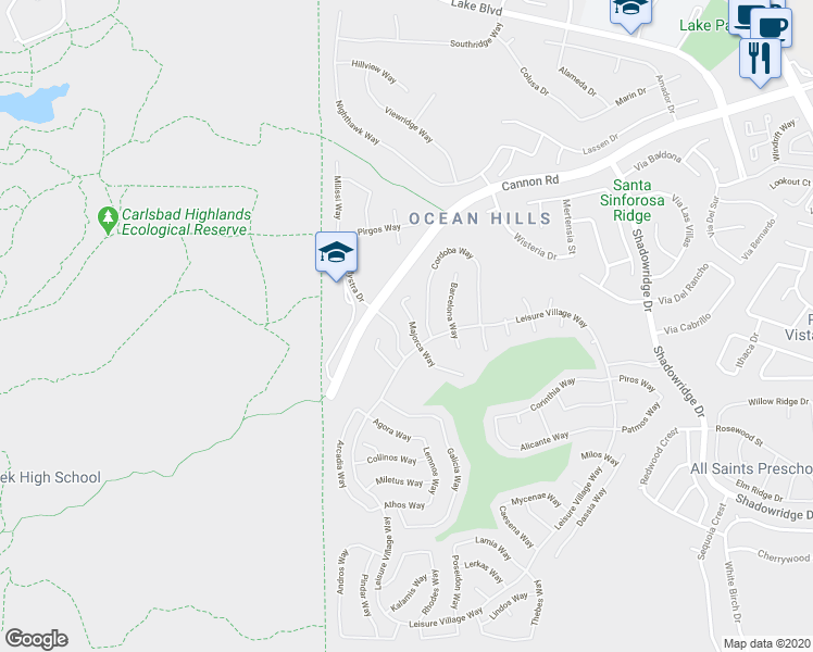 map of restaurants, bars, coffee shops, grocery stores, and more near 4683 Majorca Way in Oceanside