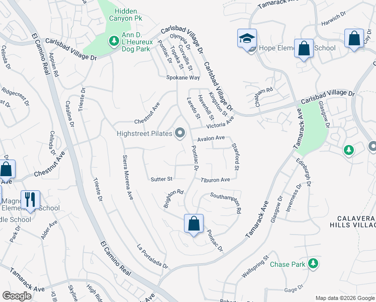 map of restaurants, bars, coffee shops, grocery stores, and more near 4350 Point Reyes Court in Carlsbad