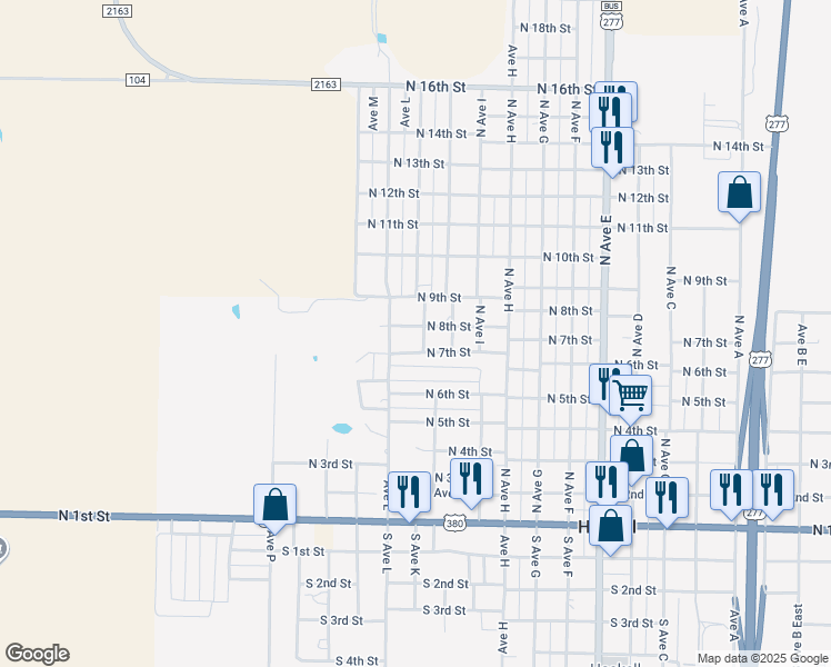 map of restaurants, bars, coffee shops, grocery stores, and more near 701 North Avenue K in Haskell