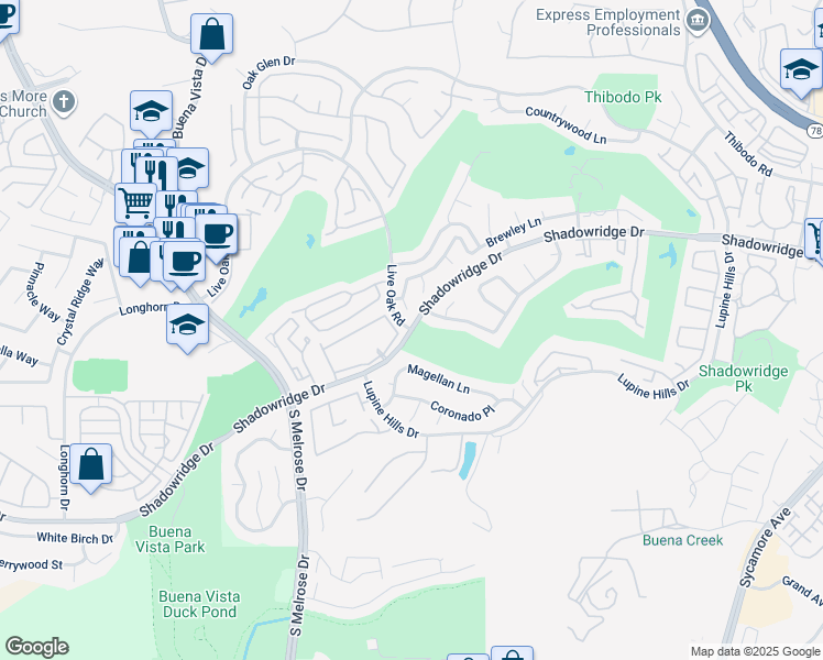 map of restaurants, bars, coffee shops, grocery stores, and more near 1800 Shadowridge Drive in Vista
