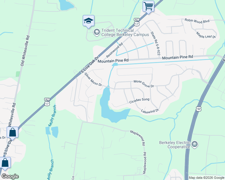map of restaurants, bars, coffee shops, grocery stores, and more near 1179 Moss Grove Drive in Moncks Corner