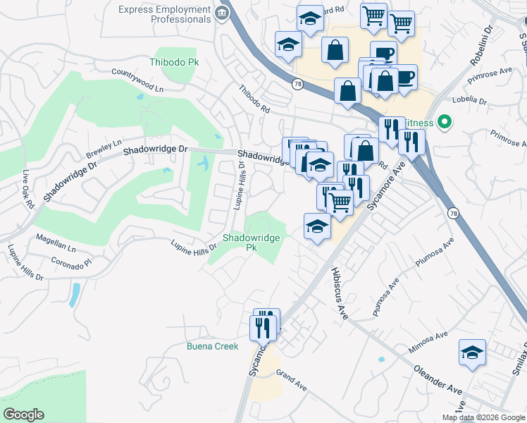 map of restaurants, bars, coffee shops, grocery stores, and more near Heatherwood Lane in Vista