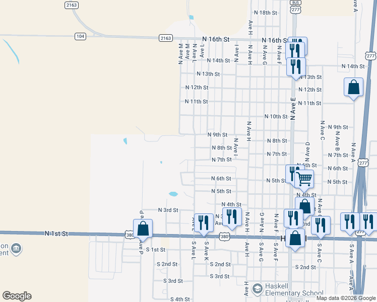 map of restaurants, bars, coffee shops, grocery stores, and more near 701 North Avenue L in Haskell