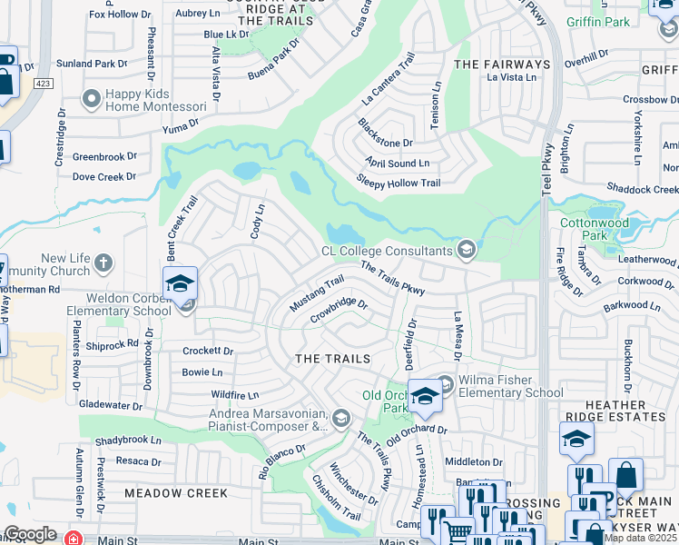 map of restaurants, bars, coffee shops, grocery stores, and more near 2076 Mustang Trail in Frisco