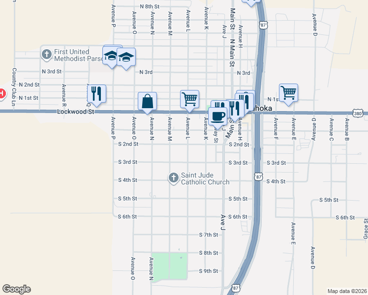 map of restaurants, bars, coffee shops, grocery stores, and more near 1401-1433 Ave L in Tahoka