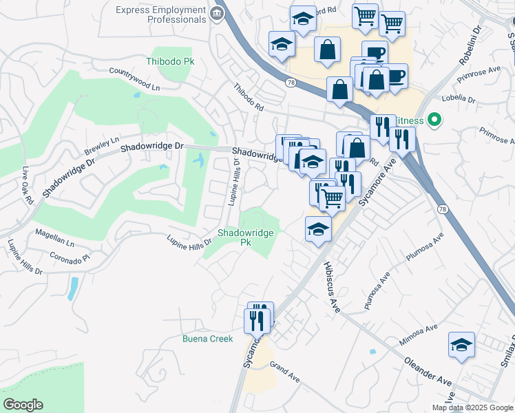 map of restaurants, bars, coffee shops, grocery stores, and more near 600 Optimist Way in Vista