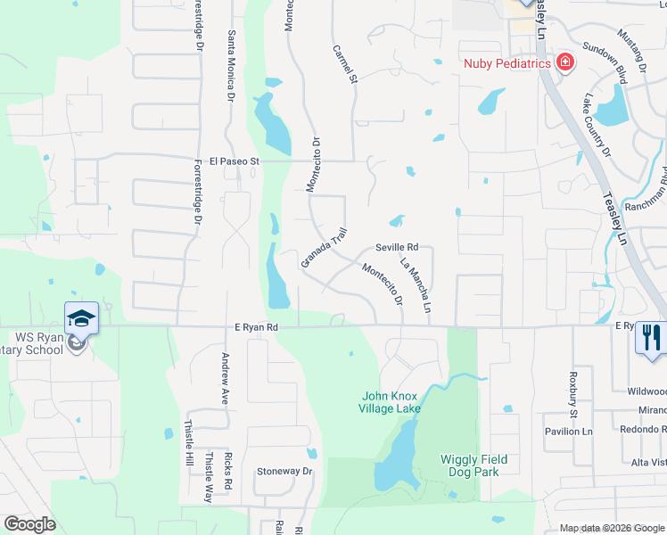 map of restaurants, bars, coffee shops, grocery stores, and more near 601 Seville Road in Denton
