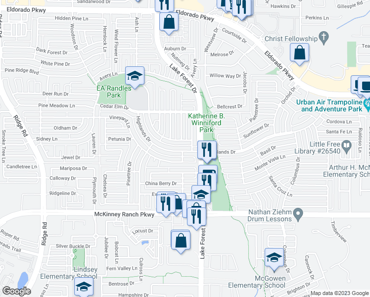 map of restaurants, bars, coffee shops, grocery stores, and more near 5008 Highlands Drive in McKinney
