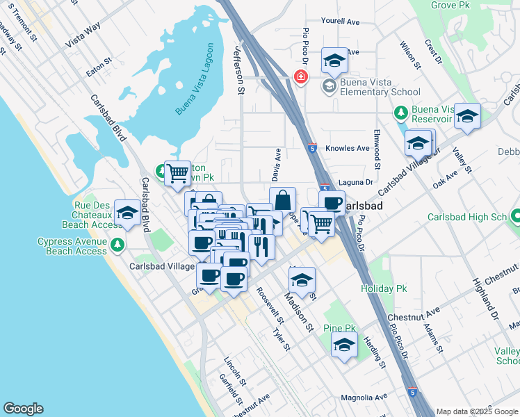 map of restaurants, bars, coffee shops, grocery stores, and more near 2777 Jefferson Street in Carlsbad
