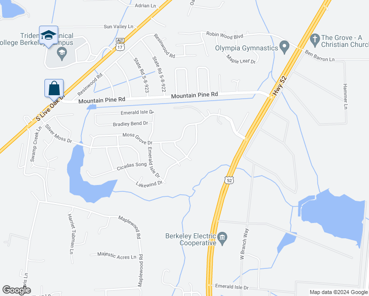 map of restaurants, bars, coffee shops, grocery stores, and more near 408 Crystal Oaks Lane in Moncks Corner
