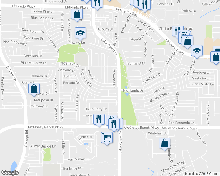 map of restaurants, bars, coffee shops, grocery stores, and more near 5101 Highlands Drive in McKinney