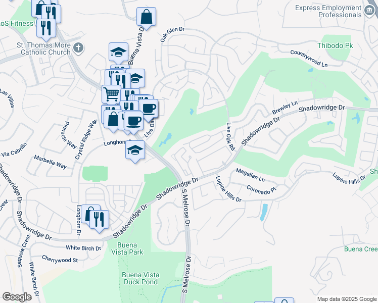 map of restaurants, bars, coffee shops, grocery stores, and more near 1510 Golfcrest Place in Vista