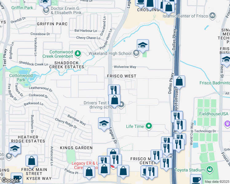 map of restaurants, bars, coffee shops, grocery stores, and more near 10310 Legacy Drive in Frisco