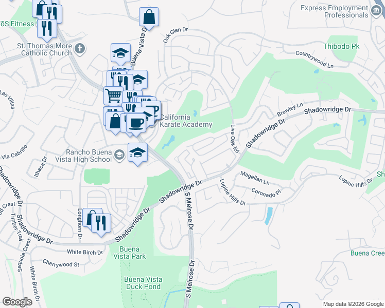 map of restaurants, bars, coffee shops, grocery stores, and more near 1510 Golfcrest Place in Vista