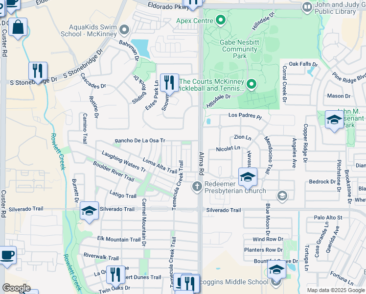map of restaurants, bars, coffee shops, grocery stores, and more near 7617 Double Diamond Trail in McKinney