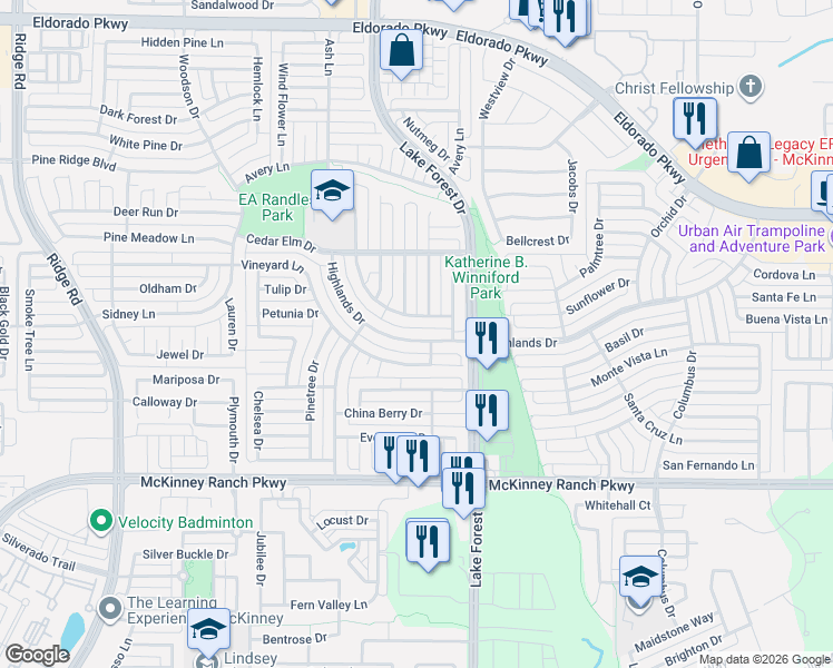 map of restaurants, bars, coffee shops, grocery stores, and more near 5101 Highlands Drive in McKinney