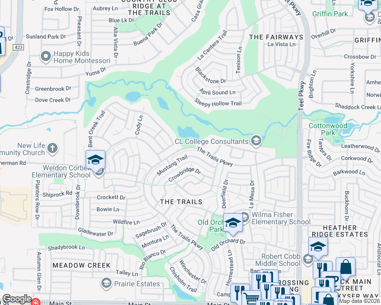 map of restaurants, bars, coffee shops, grocery stores, and more near 2107 Mustang Trail in Frisco
