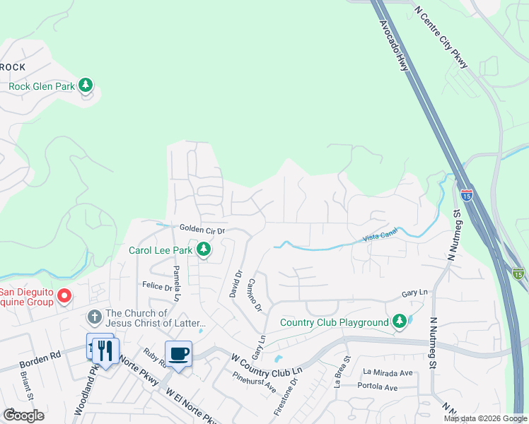 map of restaurants, bars, coffee shops, grocery stores, and more near 1723 Larkhaven Glen in Escondido