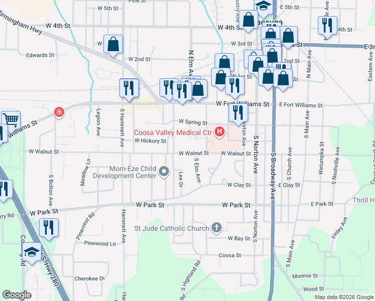 map of restaurants, bars, coffee shops, grocery stores, and more near 201 South Elm Avenue in Sylacauga