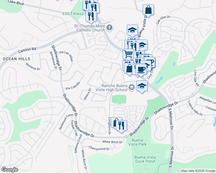 map of restaurants, bars, coffee shops, grocery stores, and more near 1694 Crystal Ridge Court in Vista