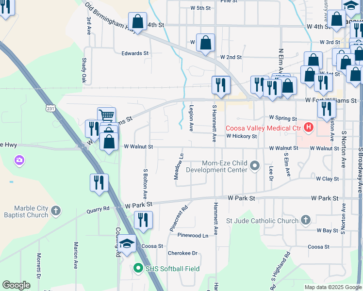 map of restaurants, bars, coffee shops, grocery stores, and more near 200 Meadow Lane in Sylacauga