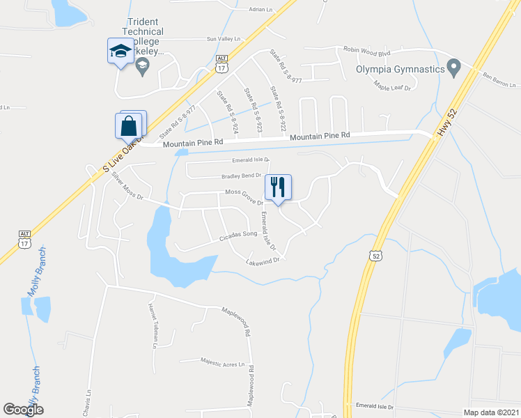 map of restaurants, bars, coffee shops, grocery stores, and more near 249 Emerald Isle Drive in Moncks Corner