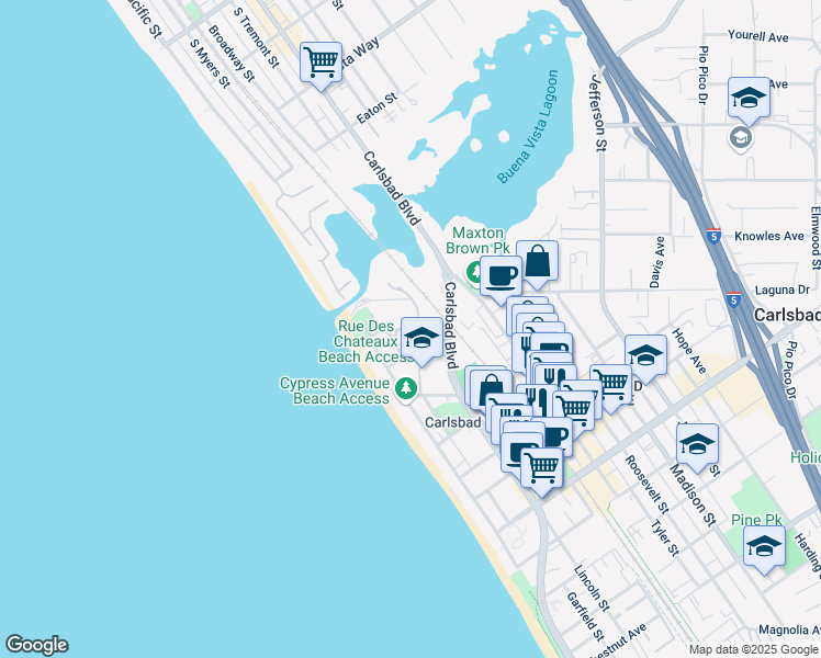map of restaurants, bars, coffee shops, grocery stores, and more near 250 Pacific Avenue in Carlsbad