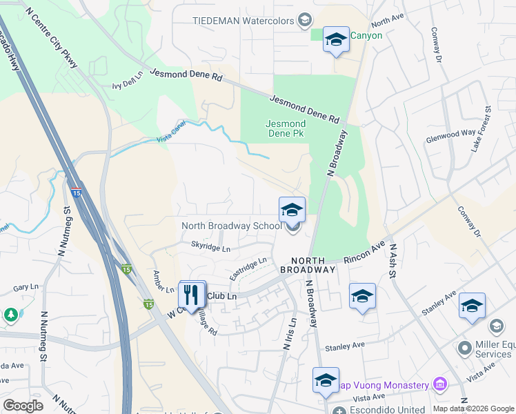 map of restaurants, bars, coffee shops, grocery stores, and more near 26025 Jack Rabbit Acres in Escondido