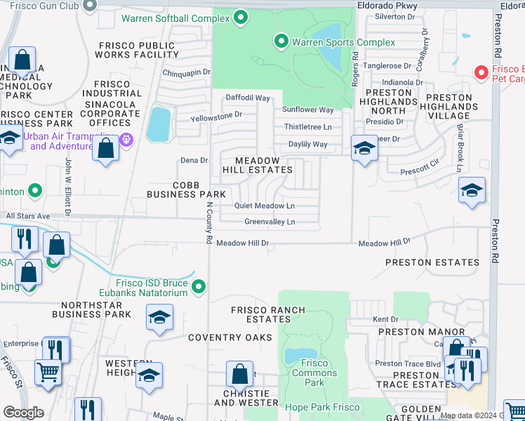 map of restaurants, bars, coffee shops, grocery stores, and more near 7641 Quiet Meadow Lane in Frisco