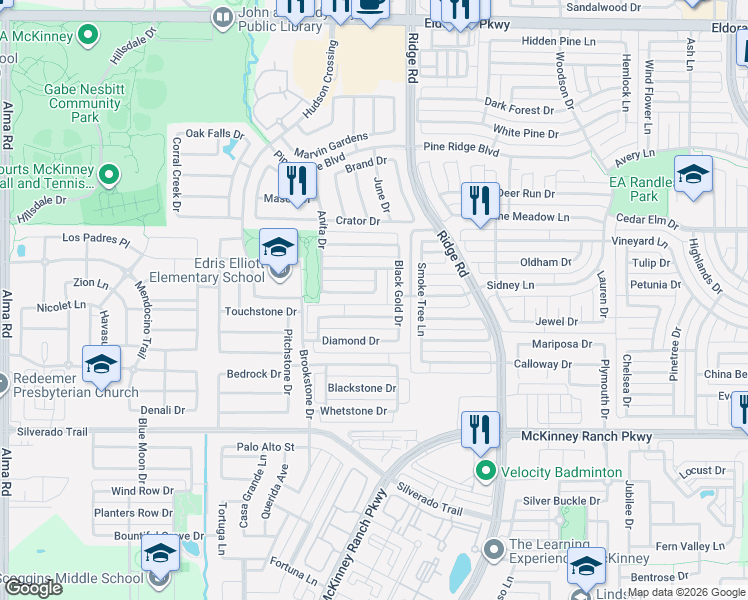 map of restaurants, bars, coffee shops, grocery stores, and more near 6412 Eaglestone Drive in McKinney