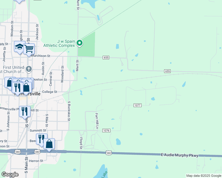 map of restaurants, bars, coffee shops, grocery stores, and more near 1231 Shinn Circle in Farmersville
