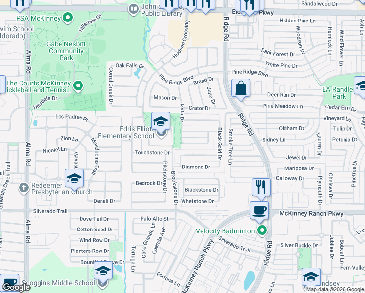 map of restaurants, bars, coffee shops, grocery stores, and more near 6516 Eaglestone Drive in McKinney