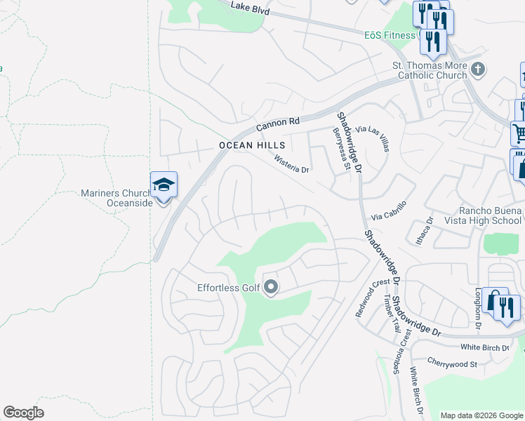 map of restaurants, bars, coffee shops, grocery stores, and more near 4609 Zamora Way in Oceanside