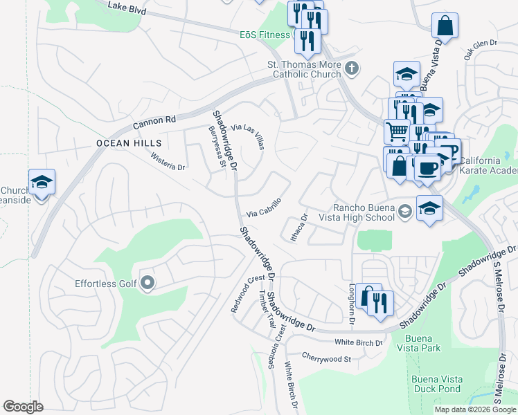 map of restaurants, bars, coffee shops, grocery stores, and more near 3732 Via Cabrillo in Oceanside