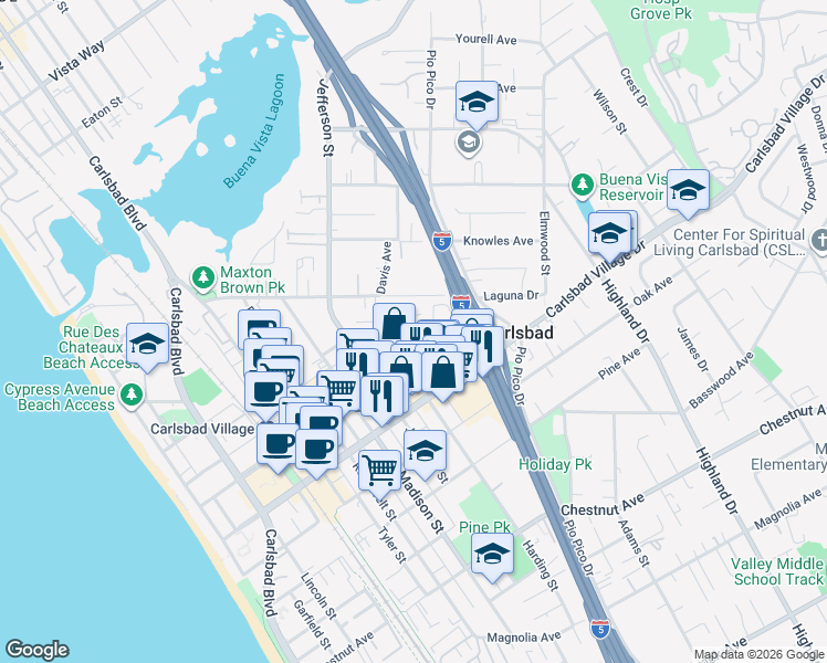 map of restaurants, bars, coffee shops, grocery stores, and more near 2886 Hope Avenue in Carlsbad