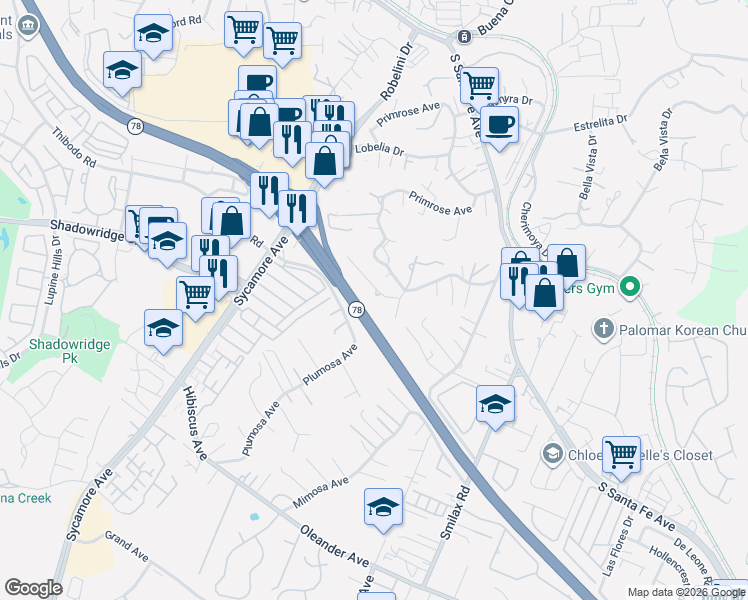 map of restaurants, bars, coffee shops, grocery stores, and more near 2473 Sunflower Terrace in Vista