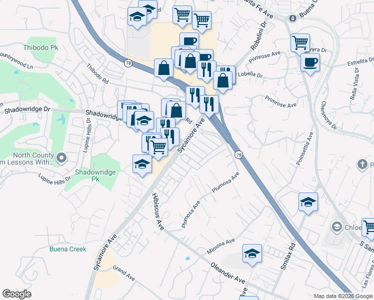 map of restaurants, bars, coffee shops, grocery stores, and more near 718 Sycamore Avenue in Vista
