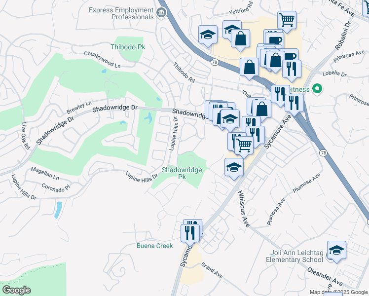 map of restaurants, bars, coffee shops, grocery stores, and more near 600 Optimist Way in Vista