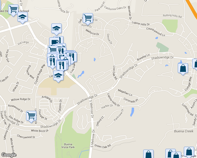 map of restaurants, bars, coffee shops, grocery stores, and more near 1500 Shadowridge Drive in Vista