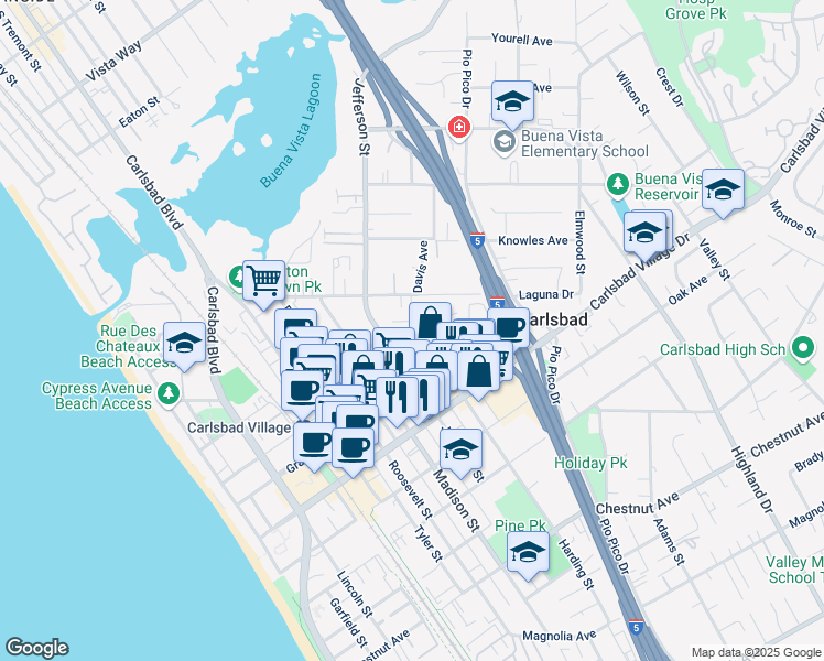 map of restaurants, bars, coffee shops, grocery stores, and more near 851 Home Avenue in Carlsbad