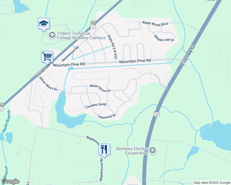 map of restaurants, bars, coffee shops, grocery stores, and more near 1103 Moss Grove Drive in Moncks Corner