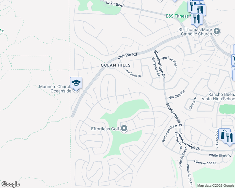 map of restaurants, bars, coffee shops, grocery stores, and more near 4575 Cordoba Way in Oceanside